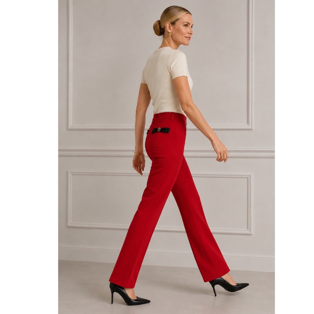St. John Sport Trousers Women 4 Red Bow Heart Gold Logo High Rise Straight Leg